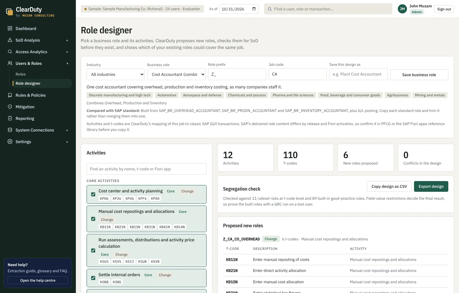 The ClearDuty role designer: a job template with its activities and the conflicts flagged as they are selected.