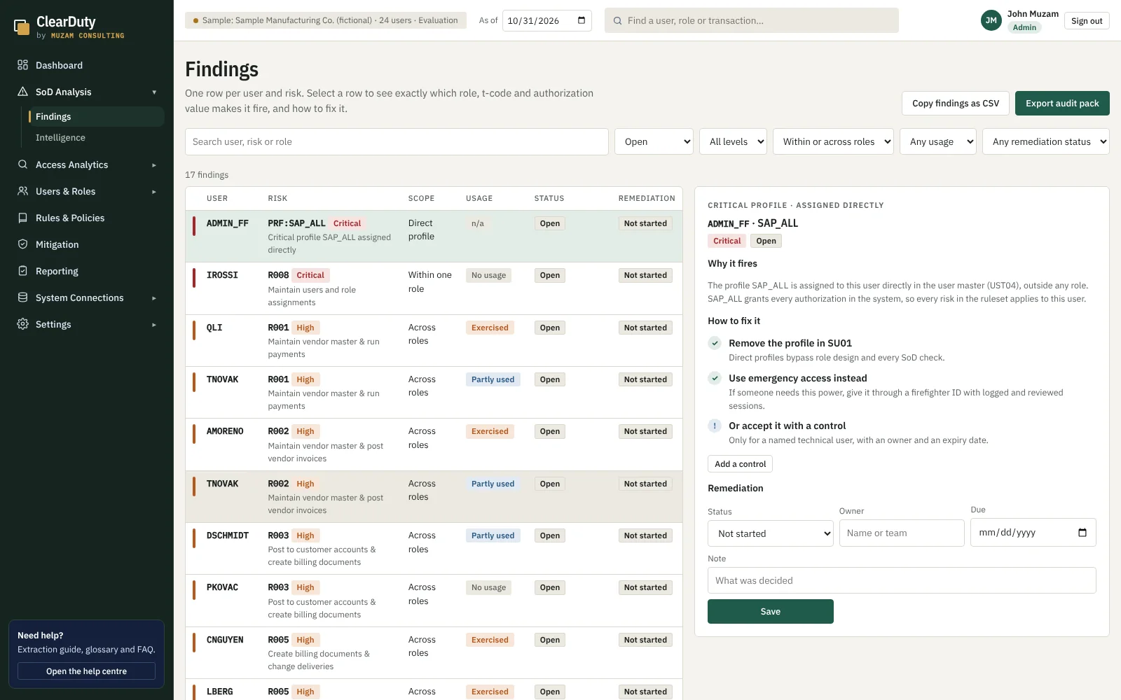 A ClearDuty finding opened: the user, the risk, why it fires and the ways to fix it.
