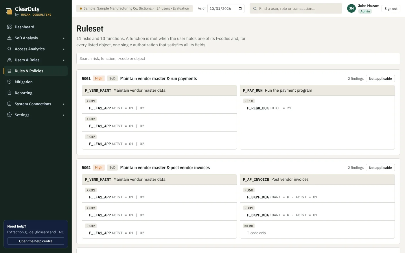The ClearDuty ruleset screen showing a risk with its functions, transactions and authorization values.